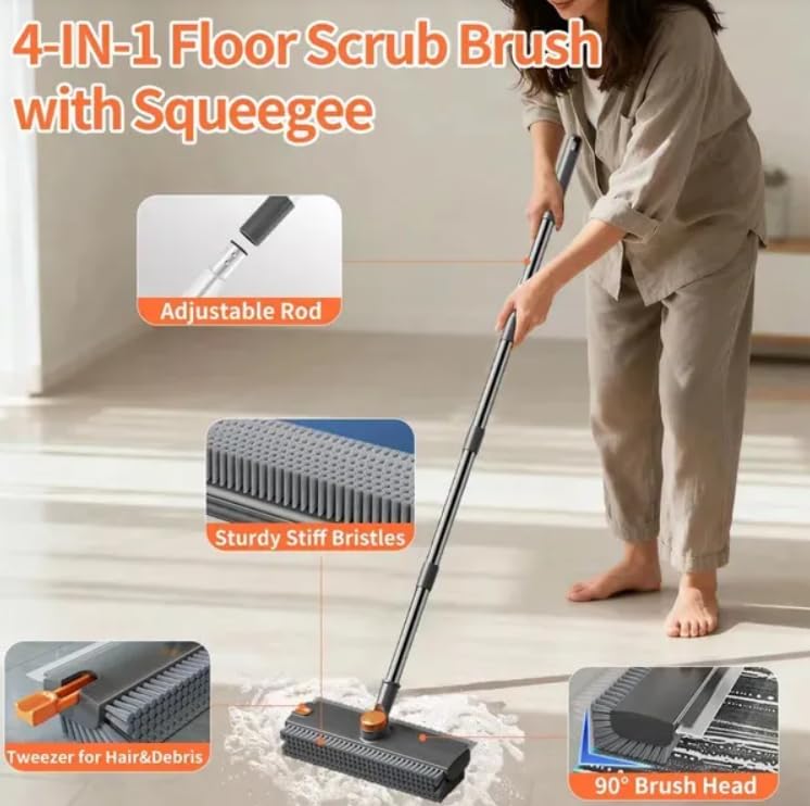 4-in-1 Floor Scrub Brush with Squeegee, Adjustable Long Handle 28 to 52 Inches, 90° Rotating Head, Stiff Bristles, for Tile, Concrete, Shower, Deck, Grey