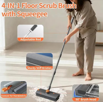 4-in-1 Floor Scrub Brush with Squeegee, Adjustable Long Handle 28 to 52 Inches, 90° Rotating Head, Stiff Bristles, for Tile, Concrete, Shower, Deck, Grey