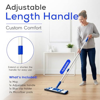 Microfiber Flat Mop with 360° Rotation for Floor Cleaning – Adjustable Aluminum Handle (81–140 cm), Hook and Loop Head, Reusable Microfiber Pads, Lightweight for Hardwood, Tile & Laminate Floors
