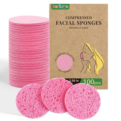 100-Count Compressed Facial Sponges, Natural Cellulose Face Sponges for Cleansing, Exfoliating, Washing face, Makeup Removal, and Spa Use - Travel Skincare Essentials for women - color: Pink