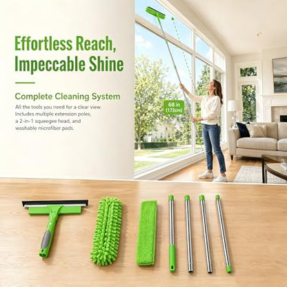 68'' Window Squeegee Cleaner Kit - 2-in-1 Rotatable Window Cleaning Tool with Extension Pole, Professional Streak-Free Squeegee with Bendable Head for Indoor/Outdoor Windows Car Glass (Green, 38.45FT) - color: Green