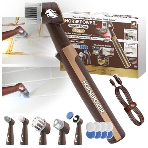 Horsepower Pocket Pony GOLD Edition Oscillating Power Scrubber w/Longer RunTime, Waterproof, Cordless/Rechargeable, Pocket-Sized, Deep Clean Tight Spaces, Grout Lines, Corners, 5 Heads & LED - color: Pocket Pony Gold