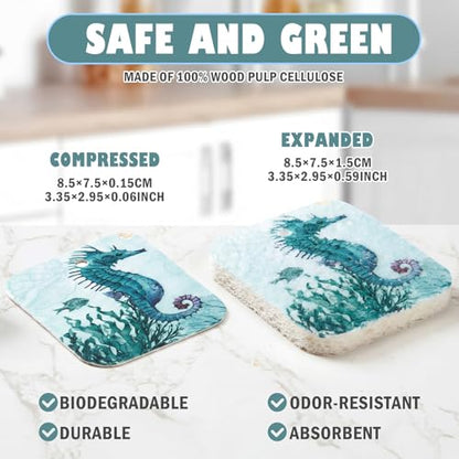 Hahafelt 36 Counts Compressed Cellulose Sponges Bulk Craft Pop up Ocean Pattern Natural Kitchen Compostable Non Scratch Dish Sponges for Washing Dishes, Cleaning Countertop Sink - style: Ocean