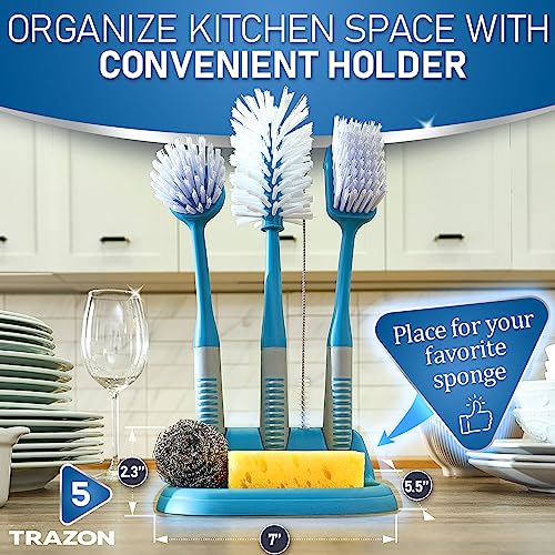 Dish Brush Set of 5 with Convenient Holder, Bottle Water Brush, Dish Scrub Brush, Scrubber Brush and Straw Brush - Kitchen Scrub Brushes Non Slip Long Handle for Sink Dishes Cup Pot - color: Blue, Set of 5 With Holder
