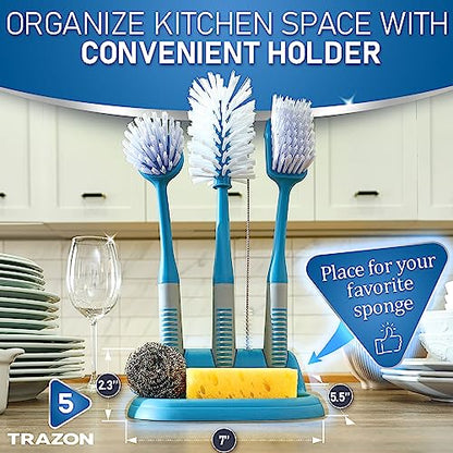 Dish Brush Set of 5 with Convenient Holder, Bottle Water Brush, Dish Scrub Brush, Scrubber Brush and Straw Brush - Kitchen Scrub Brushes Non Slip Long Handle for Sink Dishes Cup Pot - color: Blue, Set of 5 With Holder