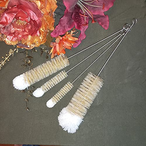 NewFerU Stainless Steel Soda Bottle Cleaning Brush Set in Natural Boar Bristle Wool Tip Long Handle, Flexible Bendable Thick Wire Cleaner for Narrow Neck Water Baby Bottles Straw Pipe Tube Flask (4)