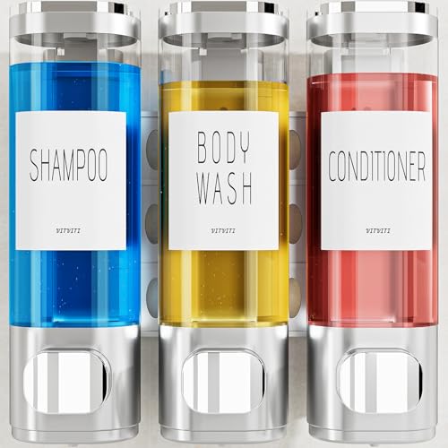 VITVITI Shampoo and Conditioner Dispenser for Shower Wall, Shower Soap Dispenser 3 Chamber No Drill Wall Mounted, 10.2 OZ Plastic Refillable Shower/Body Wash Bottles for Bathroom (Matte Silver) - color: Matte Silver