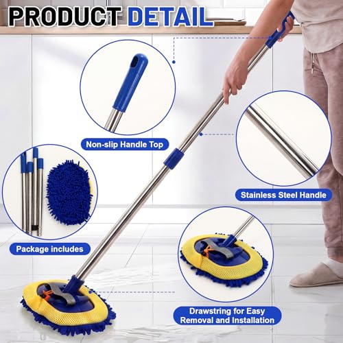 2 Pack 360° Spin Mop with 2 Microfiber Mop Refills, Extendable 63" Stainless Steel Handle for Easy Floor, Ceiling, Wall & Window Cleaning, Household Mops(Blue) - color: Blue