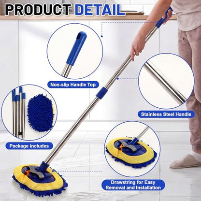 2 Pack 360° Spin Mop with 2 Microfiber Mop Refills, Extendable 63" Stainless Steel Handle for Easy Floor, Ceiling, Wall & Window Cleaning, Household Mops(Blue) - color: Blue