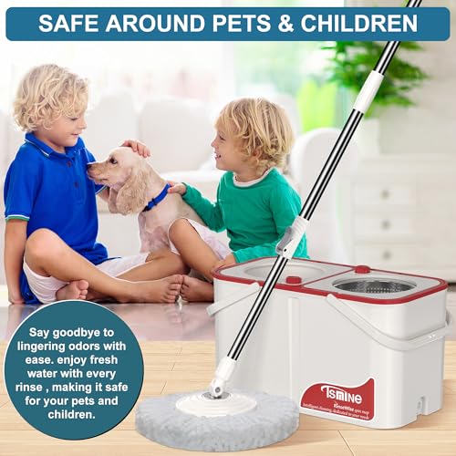 Gen 1 Large-Capacity Spin Mop and Bucket – for Big Homes & Deep Cleaning Days,4-Chamber System Separates Dirty & Clean Water, 2-GAL Heavy-Duty Design with Wheels & 6 Refill Mop Heads - White/Red - size: White/Red+6 Mop Heads