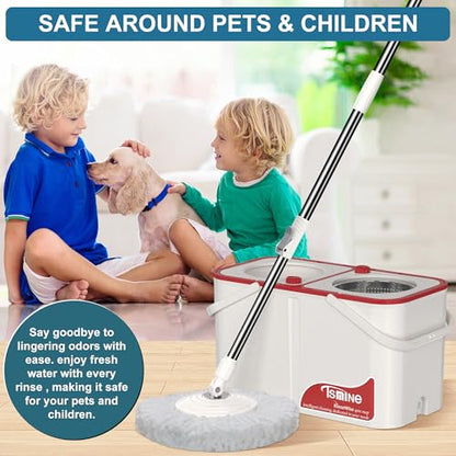 Gen 1 Large-Capacity Spin Mop and Bucket – for Big Homes & Deep Cleaning Days,4-Chamber System Separates Dirty & Clean Water, 2-GAL Heavy-Duty Design with Wheels & 6 Refill Mop Heads - White/Red - size: White/Red+6 Mop Heads