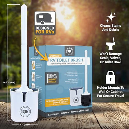 Unique RV Toilet Bowl Brush, Compact, Silicone Bristles, Won't Damage Toilets or Seals, Wall-Mount No-Drip Holder, Value Pack (Pack of 2) - size: 2 Compact Brushes