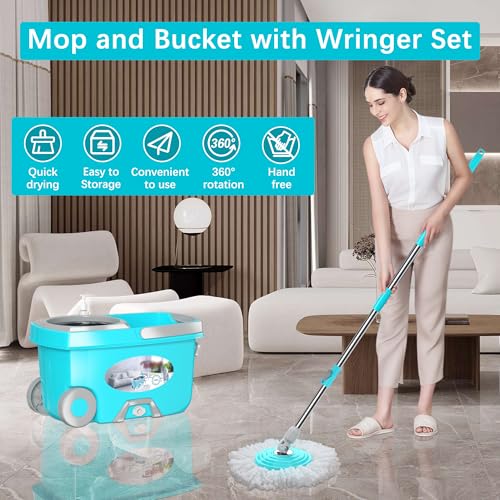 FunClean Spin Mop and Bucket for Home Cleaning, 360° Rotating Floor Mop with Wringer, Adjustable 61" Handle for Back Pain Relief, 6 Microfiber Replacement Heads, 2 Easy-Move Wheels - Blue - size: Blue Mop Bucket with 6 Extra Refills