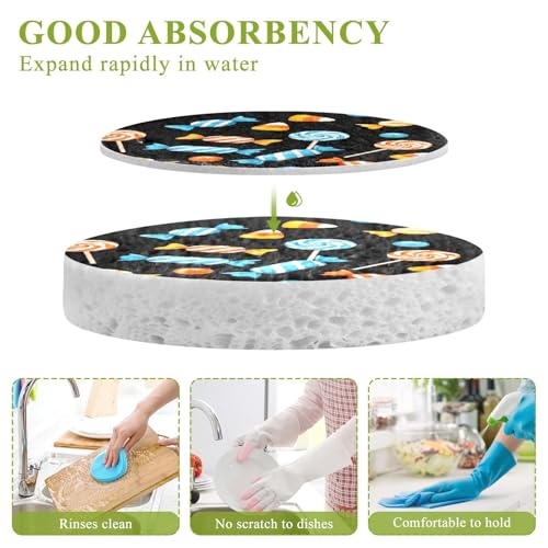 Candy Sweet Halloween Dish Scrub Sponges Kitchen Non Scratch Reusable Compressed Cellulose Sponge Hanging for Household Cleaning Washing Dishes Pots and Pans 3 Pack - color: Pattern19