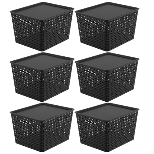 6-Pack Plastic Storage Baskets with Lid, Black | Lidded Storage Organizer Bins, stackable to save space, great for bedroom, bathroom, office and kitchen organization - color: Black