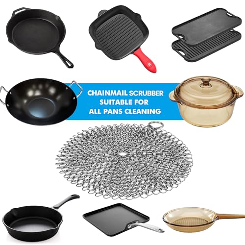 TOPULORS 316 Stainless Steel Cast Iron Skillet Cleaner Scraper Chain Link Chainmail Scrubber for Cast Iron Pans, Pre-Seasoned Pans, Griddle Pans, BBQ Grills, and More Pot Cookware-Round 7 in Diameter - size: Round - 7 inches diameter