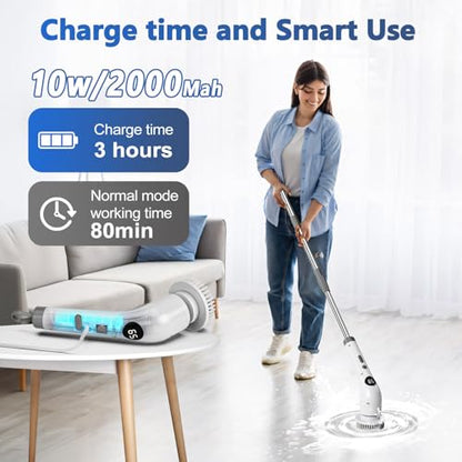 qimedo Electric Spin Scrubber, Rechargeable Handheld Electric Scrubber for Cleaning, Cordless Power Dish Scrubber with 7 Brushes for Bathtub Grout Tile Floor - size: 2000mAh Scrubber with 46.5-inch Handle