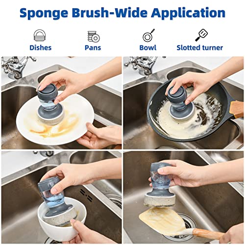 Dish Brush with Soap Dispenser, Kitchen Dish Scrubbers Set with Draining Tray for Washing Dishes/Pots, Grey, Set of 2