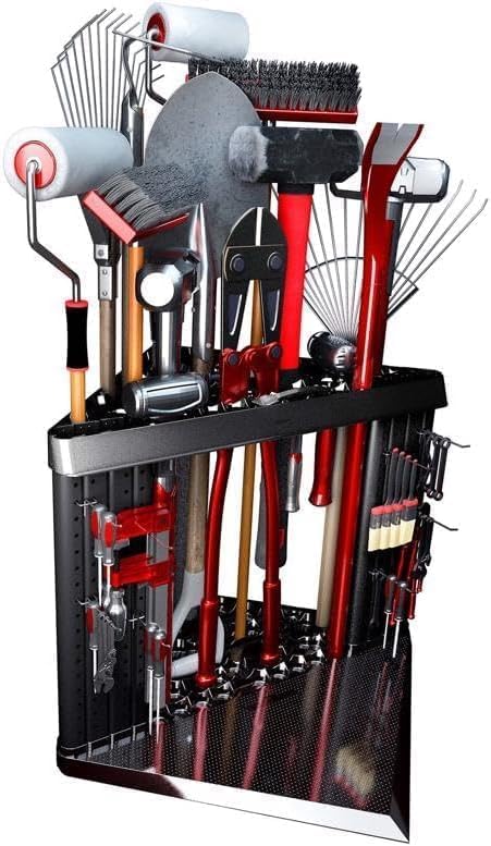 PeerBasics Corner Tool Rack, Garage Storage Organization, Up to 40 Tools like Shovels Brooms Rakes Mops Hammers Pruners, Organize Garden Yard Plus Pegboard, Wall Mounting, Peg Hooks Hardware - color: Black