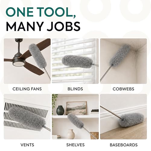 Gütewerk Extendable Microfiber Duster, 55 Inch - Feather Dusters for Cleaning Ceiling Fans, Blinds, Baseboards & High Ceilings - Washable, Electrostatic, 360° Bendable Head, Stainless Steel Pole - color: Gray, size: up to 55 inch