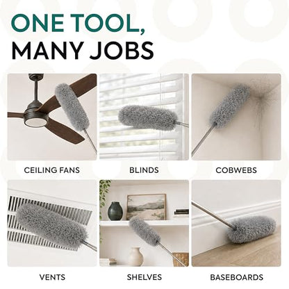 Gütewerk Extendable Microfiber Duster, 100 Inch - Feather Dusters for Cleaning Ceiling Fans, Blinds, Baseboards & High Ceilings - Washable, Electrostatic, 360° Bendable Head, Stainless Steel Pole - color: Gray, size: up to 100 inch