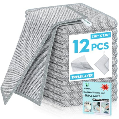 12 Pcs New Upgraded 3 Layers Non Scratch Wire Dishcloth, Multipurpose Wire Dishwashing Rags, Wet & Dry for Cookware, Sinks, Dishes, Stoves & Fireplaces (7.87 x 7.87-12pcs) - size: 7.87x7.87-12pcs