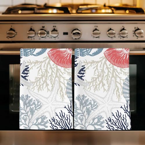 Navy Blue Coastal Kitchen Towels Set of 3, Ultra Absorbent Dish Towels Quick Drying Microfiber Hand Towel Decorative Grey Red Beige Coral Starfish Nautical Tea Towel Dishcloths for Kitchen 18"x28" - color: Navy Blue, Coral Red, size: 3 Pack