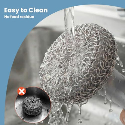 Cast Iron Scrubber with Long Handle | 316 Cast Iron Cleaner Chainmail Scrubber for Pan Skillet Cleaner - Dish Scouring Pad Dishwasher Safe Cleaning Kit (Grey, 1 Scrubber + 1 Scraper) - color: Grey, 1 Scrubber + 1 Scraper