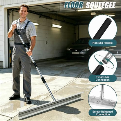 Heavy-Duty Large Floor Squeegee for Concrete, 33.4" Commercial Silicone Blade Squeegee for Floor with 63" Stainless Handle, Anti-Splash Curved Baffle for Garage, Factory, and Tough Cleaning Jobs - size: Large