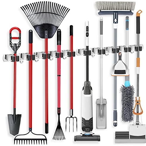 IMILLET 2 PACK Stainless Steel Mop and Broom Holder and 1 PACK Wooden Broom Holder