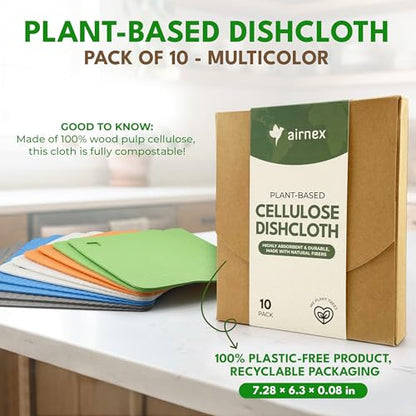 AIRNEX 10 Pack Cellulose Swedish Dishcloths for Kitchen - Eco-Conscious Reusable Dish Towels & Cloths - Super Absorbent, Odor Resistant and Fast Drying Wash Cloths for Dishes & Surfaces - size: 10 Pack