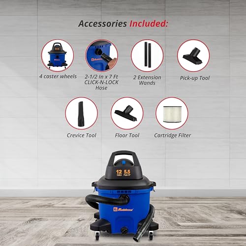Koblenz WD-12 L4 Wet Dry Vacuum Cleaner, 12 Gallon 5.5 PHP, 3-in-1 Suction & Blower, 32 ft Reach, Drain Plug, Large Vacuum Cleaner for Car, Shop Vacuum Wet and Dry, Click-N-Lock Hose, Blue/Black - size: 12 Gallon 5.5 HP