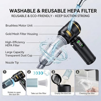 Handheld Car Vacuum Cleaner, 17000Pa High Power Cordless Vacuum Cleaner, 4-in-1 Portable Mini Air Duster, with LED Light and Multi-Nozzles, Vacuum for Car, Home, Office, Pet Hair