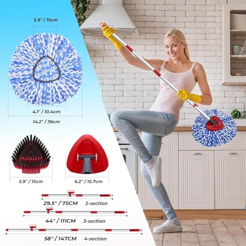 2 Pack Spin Mop Heads Replacement Compatible with O Cedar RinseClean 2 Tank, Upgraded Scrub Brush,4 Section Mop Handle and 1 Base Combo Set, Microfiber Replace Head Refill - color: Blue (2 Tank System)