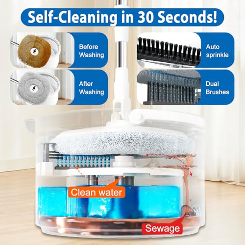 Spin Mop and Bucket with Wringer Set, 360° Spinning Mop Bucket with Separate Dirty and Clean Water System with 3 Microfiber Mop Pads and 52" Stainless Steel Adjustable Handle for Floor Wall Cleaning - color: White-2