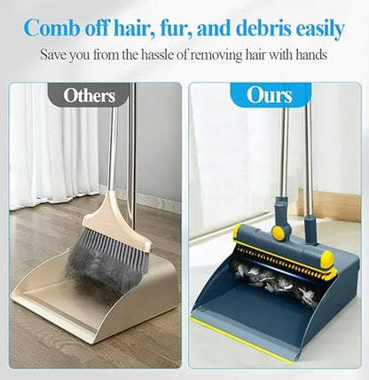 Broom and Dustpan Set 50" Long Handle Foldable Stand Up Broom and Dustpan with Comb Teeth for Indoor & Outdoor Sweeping Home Dog Cat Pets (Blue) - color: Blue
