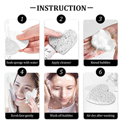 60-Count Kickleen Compressed Cellulose Heart Shape Facial Sponges | 100% Natural Cosmetic Spa Sponges for Facial Cleansing | Exfoliating | Makeup and Mask Removal | Reusable |Skin Massage (White) - color: White