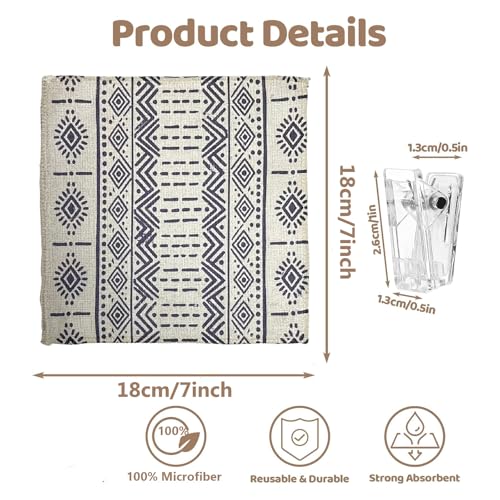 8-Pack Ultra-Fine Microfiber Kitchen Towels, 7-Inch Square with 8 Clips & Multiple Patterns – Soft, Absorbent, Reusable Cleaning Cloths (Bohemian Style) - color: Bohemian Style