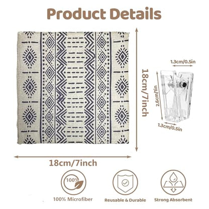 8-Pack Ultra-Fine Microfiber Kitchen Towels, 7-Inch Square with 8 Clips & Multiple Patterns – Soft, Absorbent, Reusable Cleaning Cloths (Bohemian Style) - color: Bohemian Style