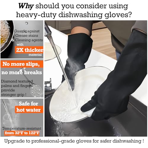 Thick Rubber Cleaning Gloves - 3 Pairs Black Rubber Gloves for Dishwashing Large, Non-Slip Kitchen Gloves for Washing Dishes, Reusable Cleaning Gloves, Waterproof, Heavy-Duty (3P,L) | Reusable & waterproof black/orange dual layers. Non-slip design for dis