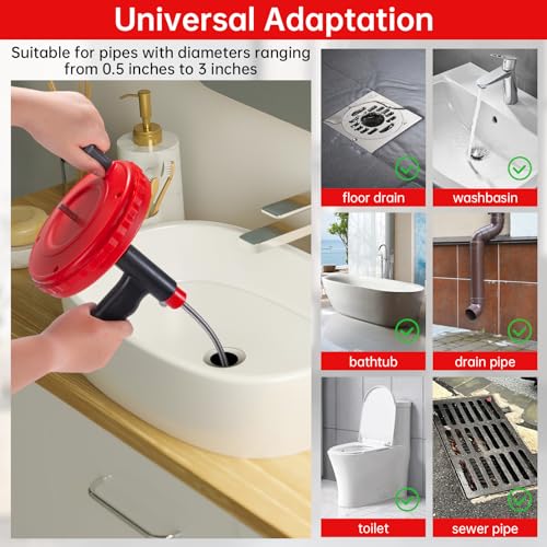 Drain Auger, Plumbing Snake with Drill Adapter, Drain Snake Clog Removal Tool Use Manually or Powered for Kitchen Bathroom Shower Sink, Come with Gloves(10ft/3M-Red) - color: Drain Auger-Red, style: 10ft/3M Stainless Steel Cable