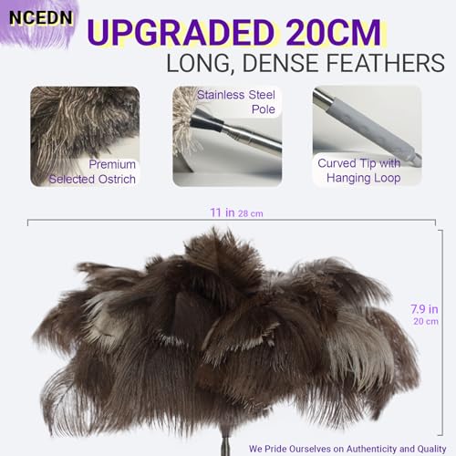 NCEDN Genuine Ostrich Feather Duster 40 Inches - Extendable Stainless Steel Handle, 8 Inches Long Thick Feathers, Telescopic Duster for Ceiling Fans, Blinds, Furniture, Car, Washable - color: Natural
