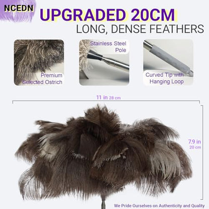 NCEDN Genuine Ostrich Feather Duster 40 Inches - Extendable Stainless Steel Handle, 8 Inches Long Thick Feathers, Telescopic Duster for Ceiling Fans, Blinds, Furniture, Car, Washable - color: Natural