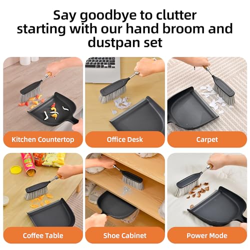 Hand Broom and Dustpan Set with Bamboo and Stainless Steel Handle, PET Bristles, Portable Cleaning Kitchen Countertops, Table Tops,Crumbs,beds,Sofas,Camping,Cars and Animal Cages