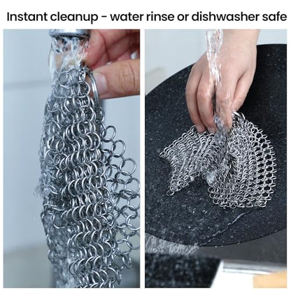 TOPULORS 316 Stainless Steel Cast Iron Skillet Cleaner Scraper Chain Link Chainmail Scrubber for Cast Iron Pans, Pre-Seasoned Pans, Griddle Pans, BBQ Grills, and More Pot Cookware-Round 7 in Diameter - size: Round - 7 inches diameter