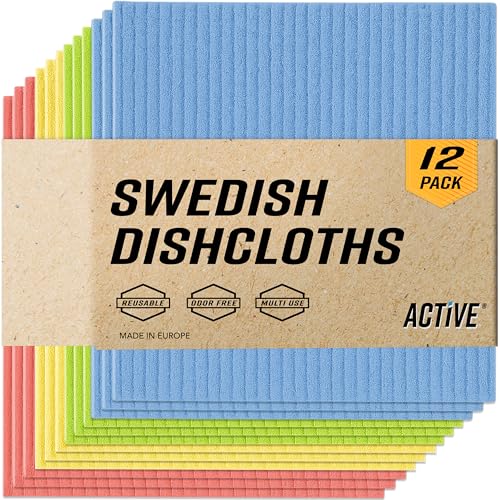 ACTIVE Swedish Dish Cloths for Kitchen 12 Pack Cellulose Sponge Cloth, Washable Dishcloths for Washing Dishes, Original European Dish Towels, Absorbent Reusable Paper Towels - Multicolor Assorted