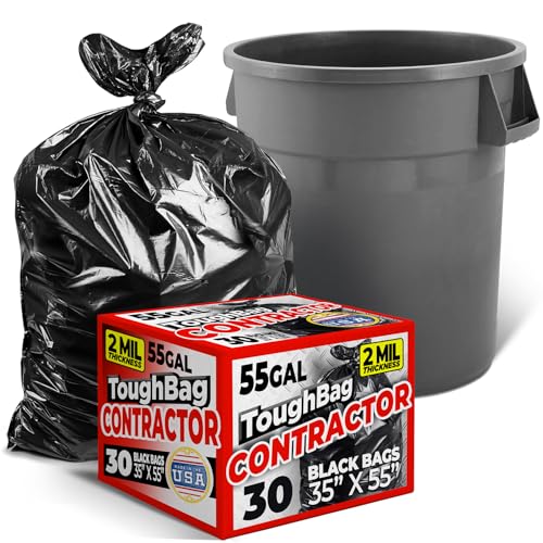 ToughBag 55 Gallon Contractor Trash Bags, 2 Mil Thick (30 Count) - Heavy Duty Drum Liners, Industrial & Commercial Black Garbage Bags - Made in USA