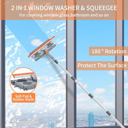 6.4FT Extendable 2-in-1 Window Washing Kit with Long Handle, 180° Rotatable Head & No-Drill Storage Holder, Streak-Free Window Squeegee for High Windows, Glass, Shower, and Car Windshield Cleaning - color: Grey/Orange/Chrome
