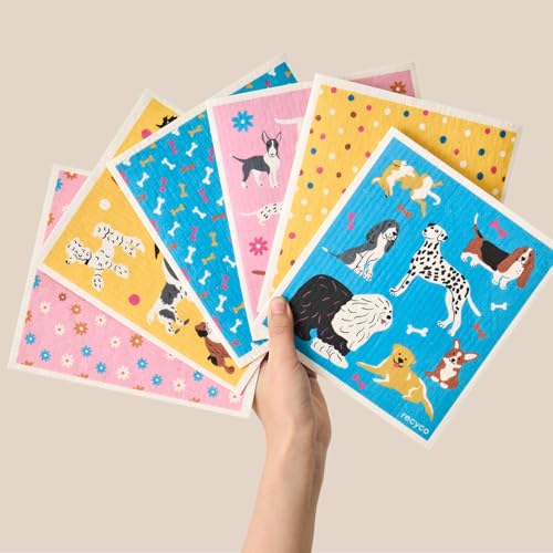 RECYCO Swedish Dishcloths for Kitchen | 6 Pack Doggy Daydreams Washable Dish Rags | Cellulose Reusable Cleaning Paper Towels | Absorbent Counter Dish Cloth Sponge Kitchen Wipes, 8" L x 7" W - color: Doggy Daydreams - 6 Pack