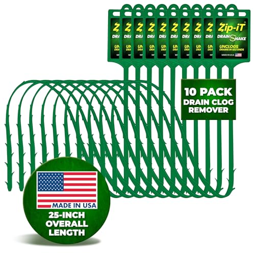 Zip-it Hair Clog Remover, 25-inch Drain Unclogger Tool for Shower, Tub & Sink In Seconds - Reusable Snake D Hair Removal Tool, Flexible Snake Non-toxic - Green (10-Pack)